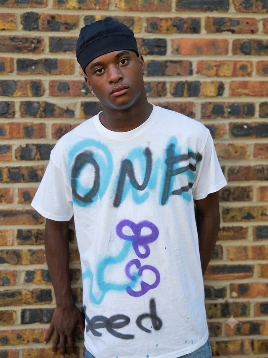 Design 01 — hand-sprayed tee, front