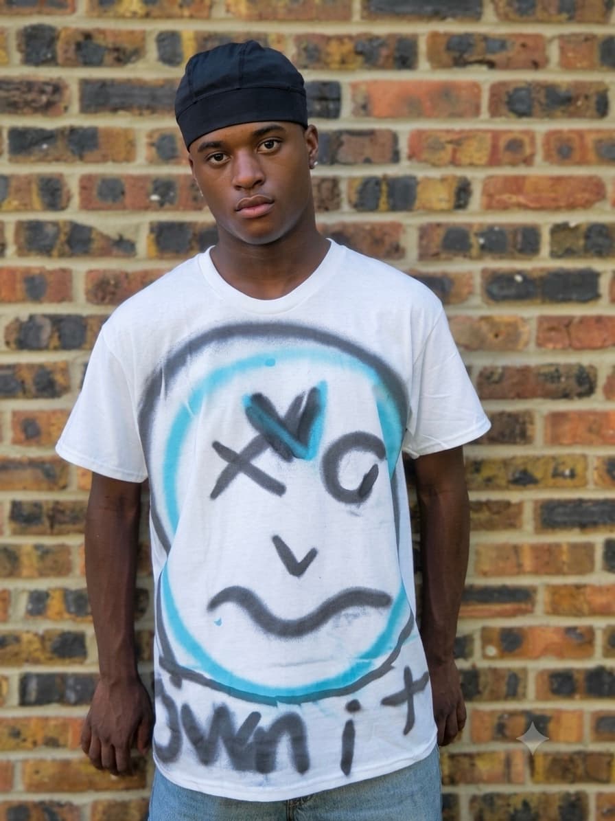 Design 02 — hand-sprayed tee, front