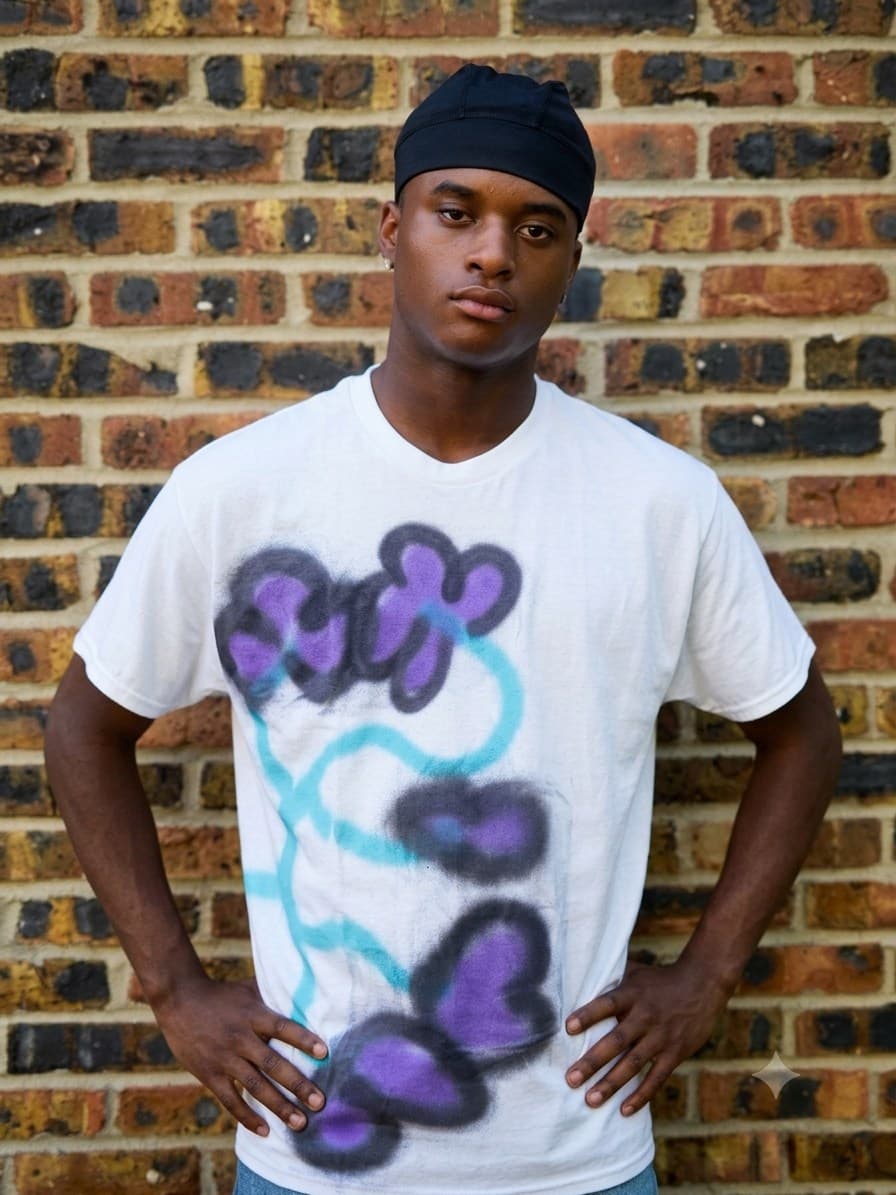 Design 05 — hand-sprayed tee, front