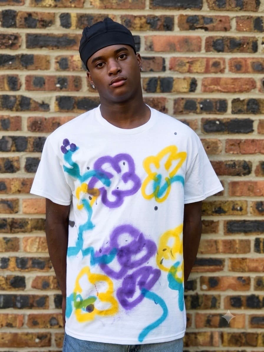 Design 06 — hand-sprayed tee, front