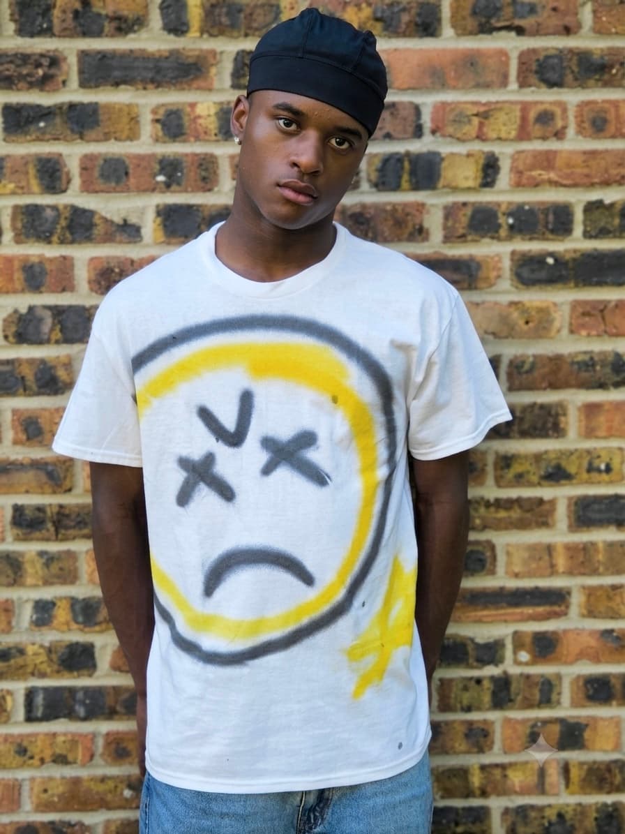 Design 07 — hand-sprayed tee, front
