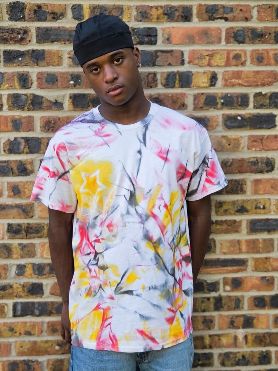 Design 08 — hand-sprayed tee, front