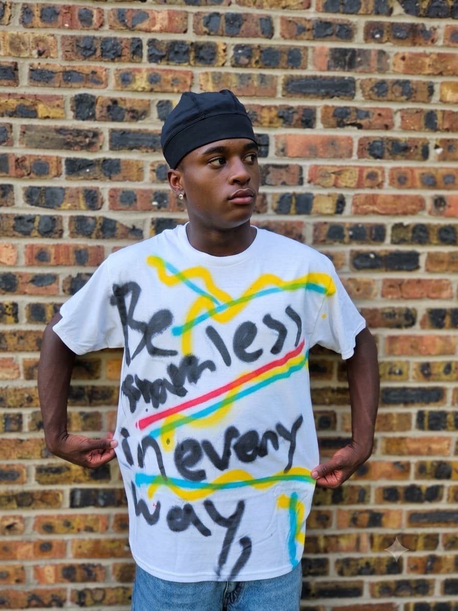 Design 09 — hand-sprayed tee, front
