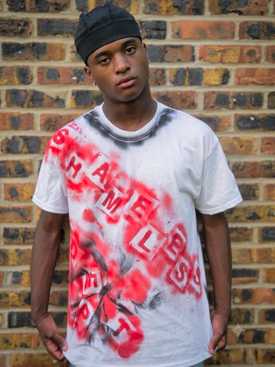 Design 10 — hand-sprayed tee, front