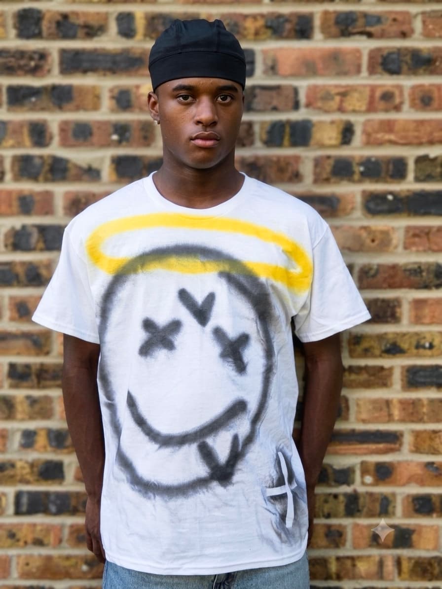 Design 12 — hand-sprayed tee, front