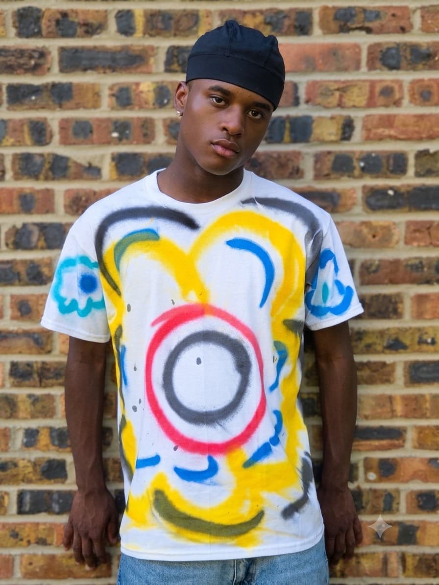 Design 13 — hand-sprayed tee, front